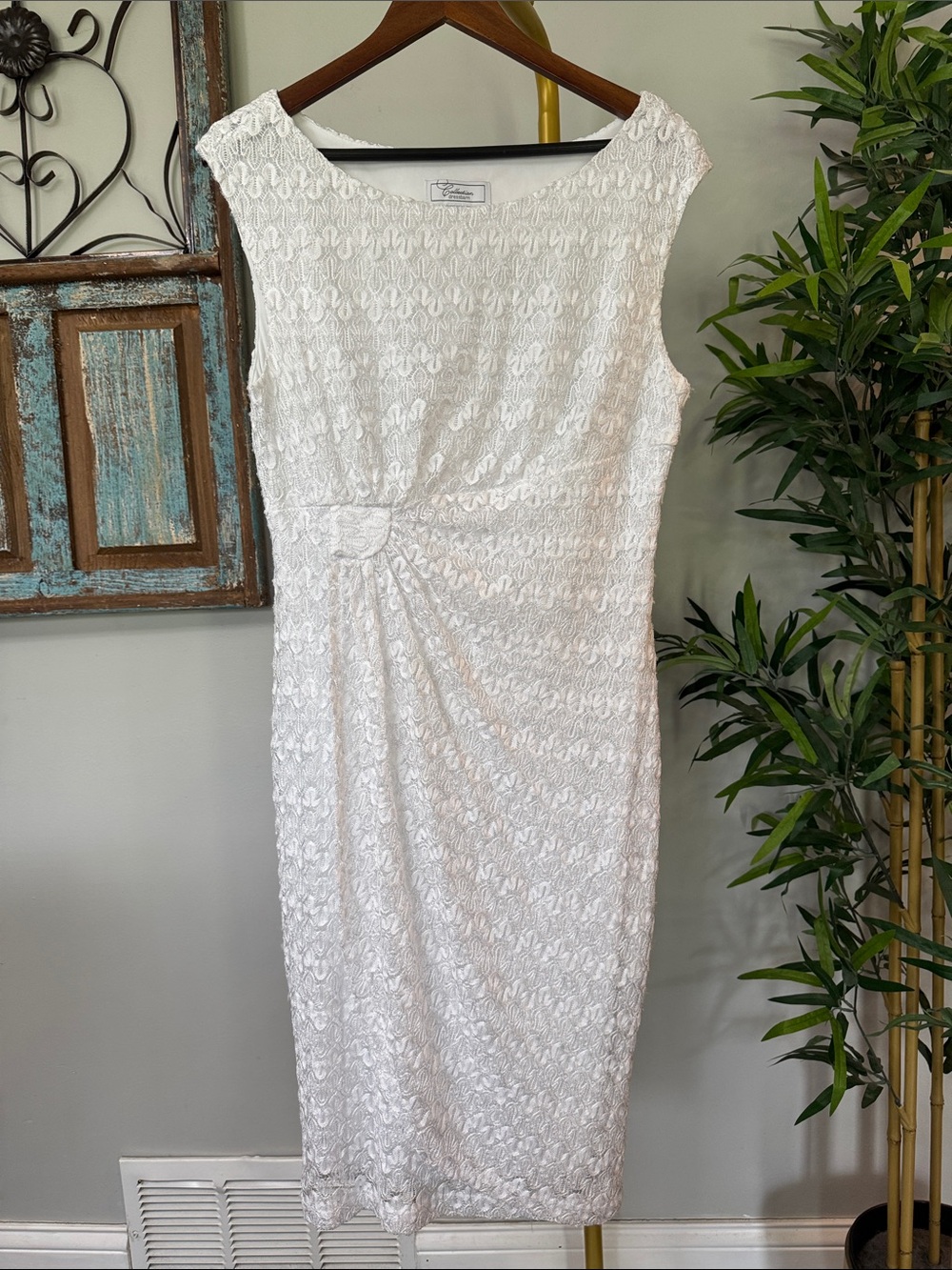 Dress Barn White Lace Midi Dress with Draped Waist Detail EUC 14
